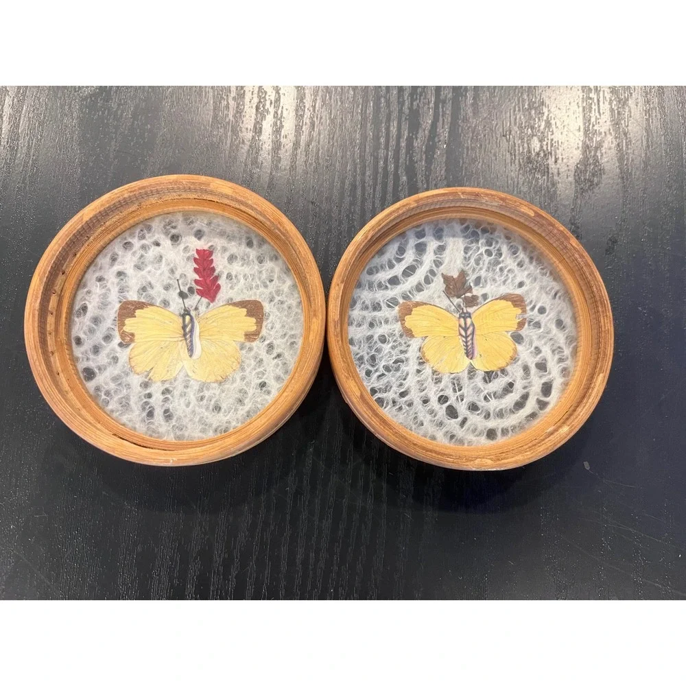 Vintage Bamboo Coasters Set of 6 Real Preserved Butterfly Glass Boho Decor